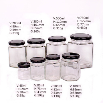 45ML 85ML 100ML 180ML 280ML 380ML 500ML 730ML Hexagon Shape Honey Jam Pickles Glass Jar with Twist off Lid